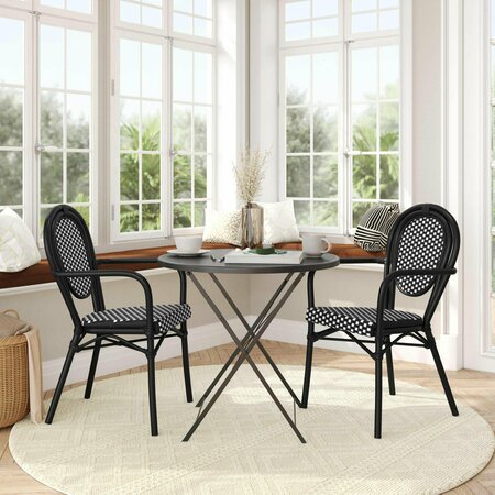 FLASH FURNITURE Lourdes Thonet French Bistro Stacking Chair w/Arms, Blk and Wht PE Rattan and Black Alum Frame, 2PK 2-SDA-AD642002A-BKWH-BK-GG